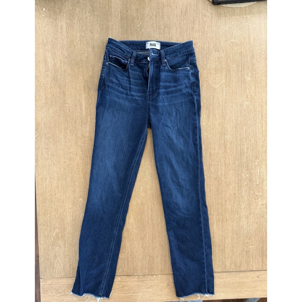 PAIGE Cindy High Rise Slim Straight Raw Hem Jeans Dark Wash Women’s 26